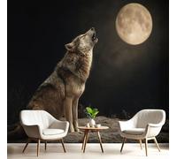 Brun-Noir Papier Peint 3D Panoramique Hurlement Du Loup À La Pleine Lune Peinture Design Moderne Photo Murale Décor Mural,Animaux Fantastiques Gothiques Pour Salon Chambre Tv Fond Décoration Poster
