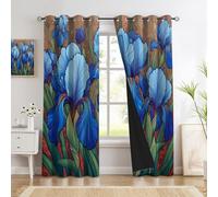 Brun Rideau Occultant à Oeillets, Rideaux Isolants Motif Iris Bleu pour Decoration Salon Chambre Fenetre, Fleurs Peinture À l'huile Draperies Intérieurs à Oeillets Lot de 2, 140x160 cm