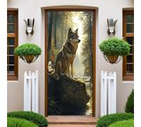 Brun Sticker Porte 3D loup, animal de la forêt 73x204 cm Autocollant Mural Photo Trompe-l’Œil PVC Imperméable Papier Peint Porte Cuisine Chambre Salle de Bain