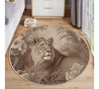 Brun Tapis Rond Salon 200cm, Nature Fleurs Lion D'Afrique Rétro Imprimer Tapis de Sol Décoration Antidérapant pour Chambre Cuisine Balcon Terrasse Salle à Manger Intérieur