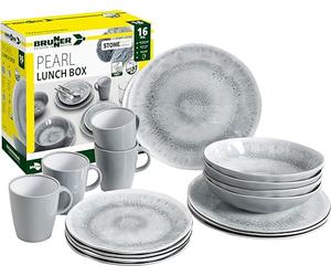 BRUNNER Melamin Ess Geschirr Set Lunch Box 16 Teilig Camping Reise Teller Becher Stonetouch Pearl