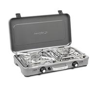 BRUNNER Réchaud à gaz Devil KOOKMASTER, 2 brûleurs, surface en acier inoxydable, allumage piézoélectrique, avec poignée et couvercle - pour aventures en plein air, 30mbar, puissance 2,4 kW x 2