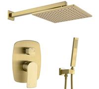 Brushed Gold Brass Shower Faucet Bathroom Rain Mixer Combo Set,10 inch Brass Rainfall Shower Head Wall Mount System,Contain Rough-in Shower Valve Body and Trim