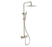 Brushed Gold Rain Shower System Thermostatic Shower Faucet Set Brass Shower Combo Set Wall Mounted Rain Mixer Shower with Waterfall Tub Spout, Handheld Shower, Rectangular Shower Head