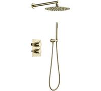 Brushed Gold Shower System Thermostatic Set Shower Faucet Set Wall Mount Single Handle Rainfall Shower Head System with Handheld Sprayer Shower Set,10Inch