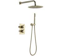 Brushed Gold Shower System Thermostatic Set Shower Faucet Set with Handheld Sprayer & Rainfall Shower Head System Wall Mount Single Handle Shower Set with Valve,8Inch ()