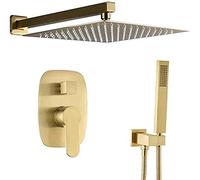 Brushed Gold Wall Mounted Bathroom Brass 10-12 inch Rainfall Shower Faucet Mixer Set with Handheld Shower, Shower Set,12 inch
