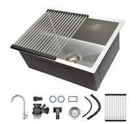 Brushed Stainless Steel Kitchen Sink Single Bowl Deep Silent Model With Overflow Roll-up Drainer Waste Assembly Durable Handmade For Kitchen Laundry Bar Restaurant(55cmx40cmx22cm)