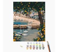 Brushme Kit Peinture DIY - Baie Pittoresque, 40x50 cm, Peinture Par Numéros de Port et Bateaux, Créez un Paysage Marin Magnifique, Kit Complet avec Toile Roulée
