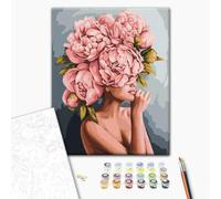 Brushme Kit Peinture DIY - Portrait Abstrait de Femme avec Pivoines, 40x50 cm avec Cadre, Créez une Peinture Féminine et Élévante, Peinture Par Numéros