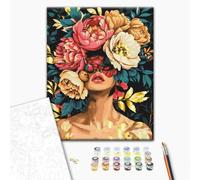 Brushme Peinture Par Numéros - 40x50 cm, Pétales Magiques, Créez un Portrait Abstrait de Femme avec Fleurs Colorées, Peinture Moderne pour Adultes, Kit Complet