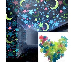 Brussels08 Lot de 100 stickers muraux fluorescents 3D phosphorescents en forme d'étoiles et de lune pour chambre d'enfant ou de bébé