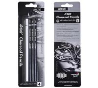 BRUSTRO Lot de 4 crayons fusains d'artistes (3 nuances noires - doux, moyen, dur et 1 blanc - moyen) | Idéal pour le dessin, l'ombrage, le coloriage, les croquis, les œuvres d'art, le portrait, le