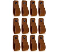 Brute Strength - Poignées en cuir pour meubles - Daim - Cognac - 12 pcs - 16,5 x 2,5 cm - Poignée de meuble, Poignée de porte pour cuisine, salle de bain, armoires, commode, bois
