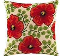 Brvsk Fleurs rouges. Kit de point de croix estampé avec toile de tapisserie imprimée (40 × 40 cm) - Kit de coussin au point de croix estampé pour une décoration créative de la maison - Kit