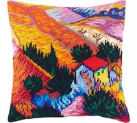 Brvsk Kit de broderie au point de croix estampillé Paysage avec une maison et un employé par Vincent Van Gogh. Coussin décoratif 40,6 x 40,6 cm. Toile de tapisserie imprimée, qualité européenne