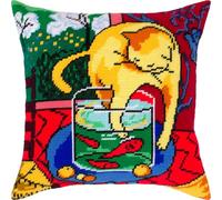 Brvsk Kit de broderie motif chat avec poisson. Toile de tapisserie imprimée (40 × 40 cm) - Kit de coussin à broder pour décoration créative de la maison - Kit de couture pour adultes débutants
