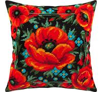 Brvsk Kit de point d'aiguille floral pour adultes et débutants - Prairie de coquelicots 40,6 x 40,6 cm avec motif imprimé clair et précis sur toile de coton; comprend 2 aiguilles, fil et tableau