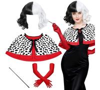 Bryndo Ensemble de Déguisement Cruella pour Femme, 4 Pièces - Costume de Diablesse avec Cape, Perruque Noire et Blanche, Gants Rouges et Longue Canne pour Halloween, Carnaval, Cosplay, Accessoires de