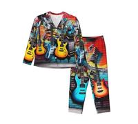 Bryptxztxt Ensemble de pyjama à manches longues pour femme, imprimé peinture de guitare, vêtements de nuit élégants et doux boutonnés, col en V, chemise à manches longues et bas long, vêtements de