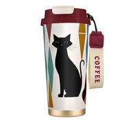 Bryptxztxt New16 Oz Tasse à café de voyage avec couvercle à rabat et paille, motif chat d'art moderne du milieu du siècle, gobelet isotherme à double paroi en acier inoxydable pour boissons chaudes