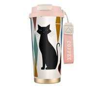 Bryptxztxt New16 Oz Tasse à café de voyage avec couvercle à rabat et paille, motif chat d'art moderne du milieu du siècle, gobelet isotherme à double paroi en acier inoxydable pour boissons chaudes