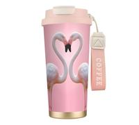 Bryptxztxt New16 Oz Tasse à café de voyage avec couvercle à rabat et paille, motif flamants roses sur fond blanc, gobelet isotherme à double paroi en acier inoxydable pour boissons chaudes/froides
