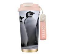 Bryptxztxt New16 Oz Tasse à café de voyage avec couvercle à rabat et paille, motif jeunes pingouins avec imprimé neige, gobelet isotherme à double paroi en acier inoxydable pour boissons chaudes