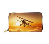 Bryptxztxt Portefeuille long pour femme en cuir synthétique avec porte-cartes et fermeture éclair Motif avion au coucher du soleil, 3D, Taille unique, Décontracté