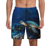 Bryptxztxt Short de bain pour homme Tortue de mer avec poissons - Séchage rapide - Doublure de compression 2 en 1 - Short de surf avec poches, 3D, XXL