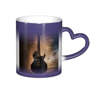 Bryptxztxt Tasse à café en céramique sensible à la chaleur avec poignée en forme de cœur - Cadeau unique pour anniversaire, famille, amis, amoureux - 325 ml - Motif guitare musicale