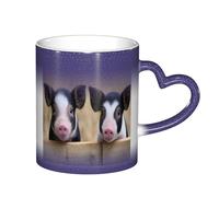 Bryptxztxt Tasse magique en céramique sensible à la chaleur avec poignée en forme de cœur - Cadeau unique pour anniversaire, famille, amis, amoureux - Motif deux cochons - 325 ml