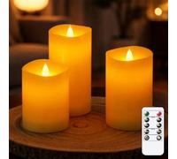 Bryxidor Bougies LED à mèche mobile en cire véritable avec fonction minuterie et effet vacillant, sans flamme télécommandées lot de 3 fonctionnant à piles couleur ivoire, 7,5 cm x 10 12,5 et 15 cm