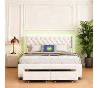 BRYXR lit 140 x 190 avec sommier, Lit Double capitonné, avec Port de Charge USB, éclairage LED, Rangements et 2 tiroirs, Beige, Velours, sans Matelas, Un lit élégant et Fonctionnel pour Votre Chambre