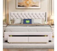 BRYXR lit 160x200 avec sommier, Lit Double capitonné, avec Port de Charge USB, éclairage LED, Rangements et 2 tiroirs, Beige, Velours, sans Matelas, Un lit élégant et Fonctionnel pour Votre Chambre