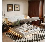 BRYXR Lit capitonné, 160 x 200 cm, avec espace de rangement hydraulique, avec éclairage LED, lit fonctionnel, lit à sommier tapissier, cadre de lit avec sommier à lattes, en lin beige, sans matelas