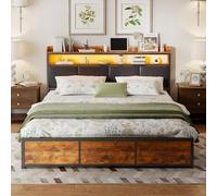 BRYXR Lit double moderne en métal avec éclairage LED, 4 tiroirs pratiques et élégante table de chevet en polyuréthane, idéal pour adultes et jeunes (cadre en fer mat, 140 x 200 cm)