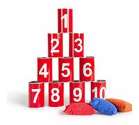 BS Toys Chamboule Tout - Jouets D'Extérieur - Jouets D'Extérieur À Partir De 3 Ans - Jeu De Lancer pour Enfants - Jeux pour Enfants avec Boîtes De Bonserve Rouges Numérotées Et 3 Sacs À Lancer