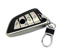 BSAMZO Coque de clé avec chaîne porte-clés en forme de lame - Surface en cuir imprimée à 4 boutons - Pour clé intelligente BMW (argent)