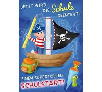 bsb Perleberg - Belle carte de rentrée scolaire avec pirate et sac d'école - Cartes de qualité supérieure pour rentrée des classes avec enveloppe - Carte de vœux pour garçons et filles 11,6 x 16,6 cm