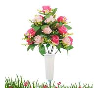 Bsbkoj Artificial Flowers for Cemetery, Fake Floral Ornament with Vase Stake Memorial Decoration Feature, Weather Resistant Grave Flower Arrangement for Outdoor Garden Patio Yard Funeral Use