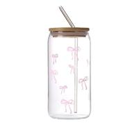 Bsbkoj Bow Glass Mug, Aesthetic Stainless Straw Cup, 16oz Drinking Tumbler with Leakproof Lid, Elegant Borosilicate Glassware, Coffee Cup with Printed Bowknot Design, Beverage Vessel for Home Office