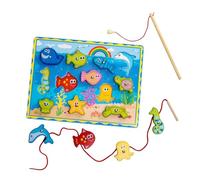 Bsbkoj Magnetic Fishing Game, Wooden Fishing Building Blocks Toy with Threading Animals, Multifunctional Fine Motor Skill Educational for Kids, Activity Learning