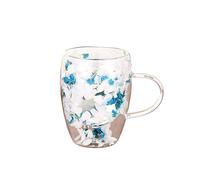 Bsbkoj Tasse en verre à fleurs séchées, 350 ml, tasse à thé transparent à double paroi avec poignée, tasses à lait pour hommes et femmes, verre décoratif en bleu, vert ou coloré, 11,9 cm