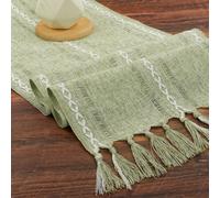 BSBUY 33cm*183cm Chemin de Table Bohème avec Glands et Macramé, Mode Chemin de Table Boho Vert, Chemin de Table Rustique de Ferme pour Décoration Table Salle à Manger, Baptême, Célébration, Mariage