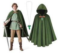 BSBUY Cape a Capuche pour Homme Femme, Cape en Velours Medievale avec Pendentif Broche Feuille, Deguisement Medieval Cape Medievale, Deguisement Halloween Cape Halloween, idéal pour le Cosplay-Vert