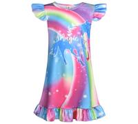 BSBUY Chemise de Nuit Fille, Robe de Nuit Courte Licorne, Mignon Chemise de Nuit en Soie de Lait pour Fille, Pyjama Robe Colorée à Manches d'avion pour Les Enfant 3-7 Ans(110-140)