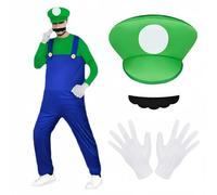 BSBUY Costume de Héros d'enfance pour Adulte, Super Brothers Adultes, Ensemble de Mario Luigi-Bros Costume de Cosplay avec Pantalon, Barbe, Gants, Costume de Plombier Super Brothers pour Homme Femme
