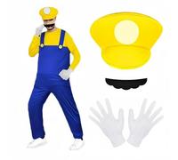 BSBUY Costume de Héros d'enfance pour Adulte, Super Brothers Adultes, Ensemble de Mario Luigi-Bros Costume de Cosplay avec Pantalon, Barbe, Gants, Costume de Plombier Super Brothers pour Homme Femme