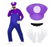 BSBUY Costume de Héros d'enfance pour Adulte, Super Brothers Adultes, Ensemble de Mario Luigi-Bros Costume de Cosplay avec Pantalon, Barbe, Gants, Costume de Plombier Super Brothers pour Homme Femme